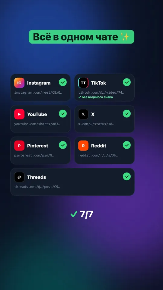 Instagram, TikTok, YouTube, X, Pinterest, Reddit и Threads